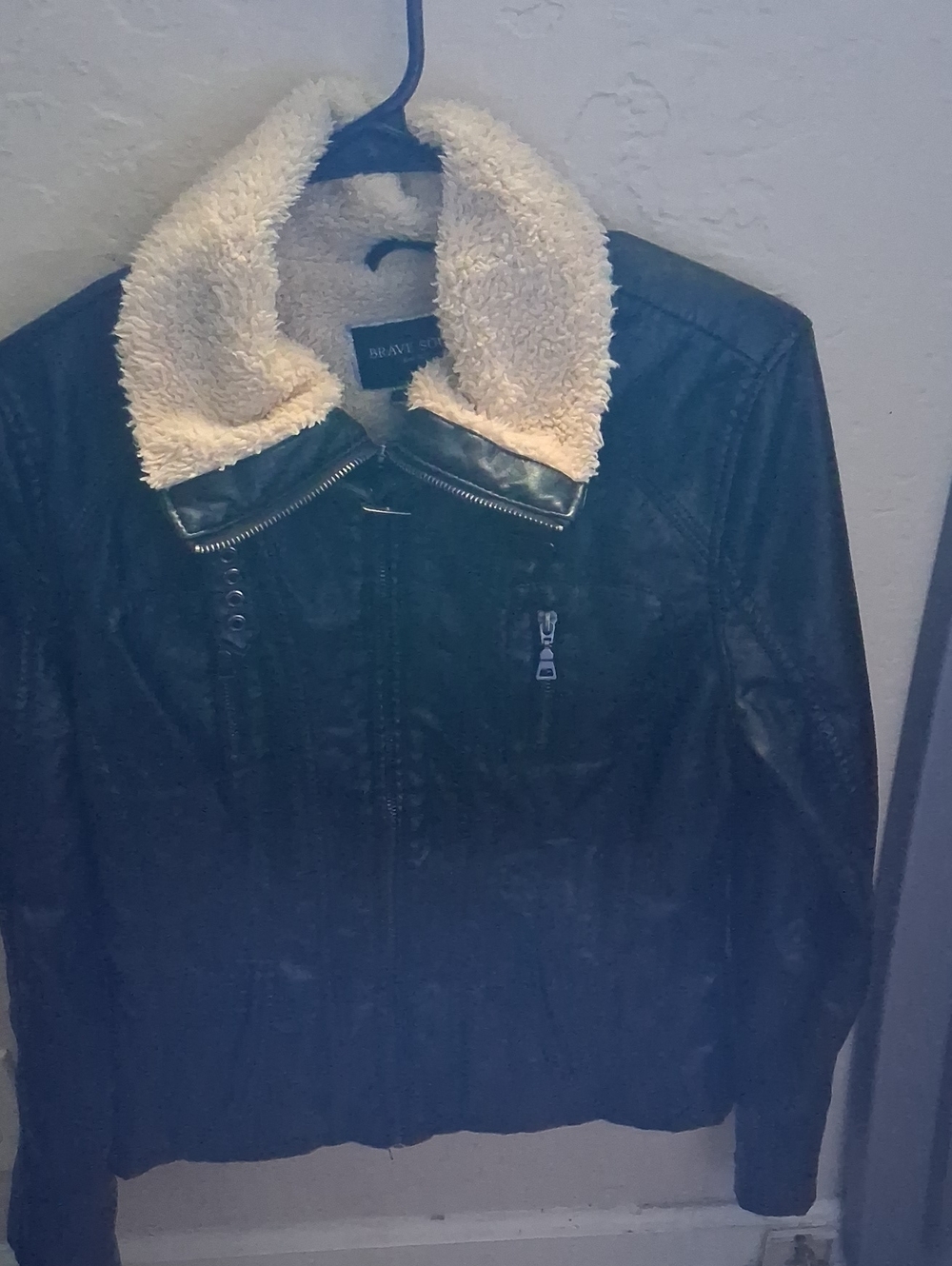 Brave Soul Black Faux Leather Jacket with Cream Sherpa Collar